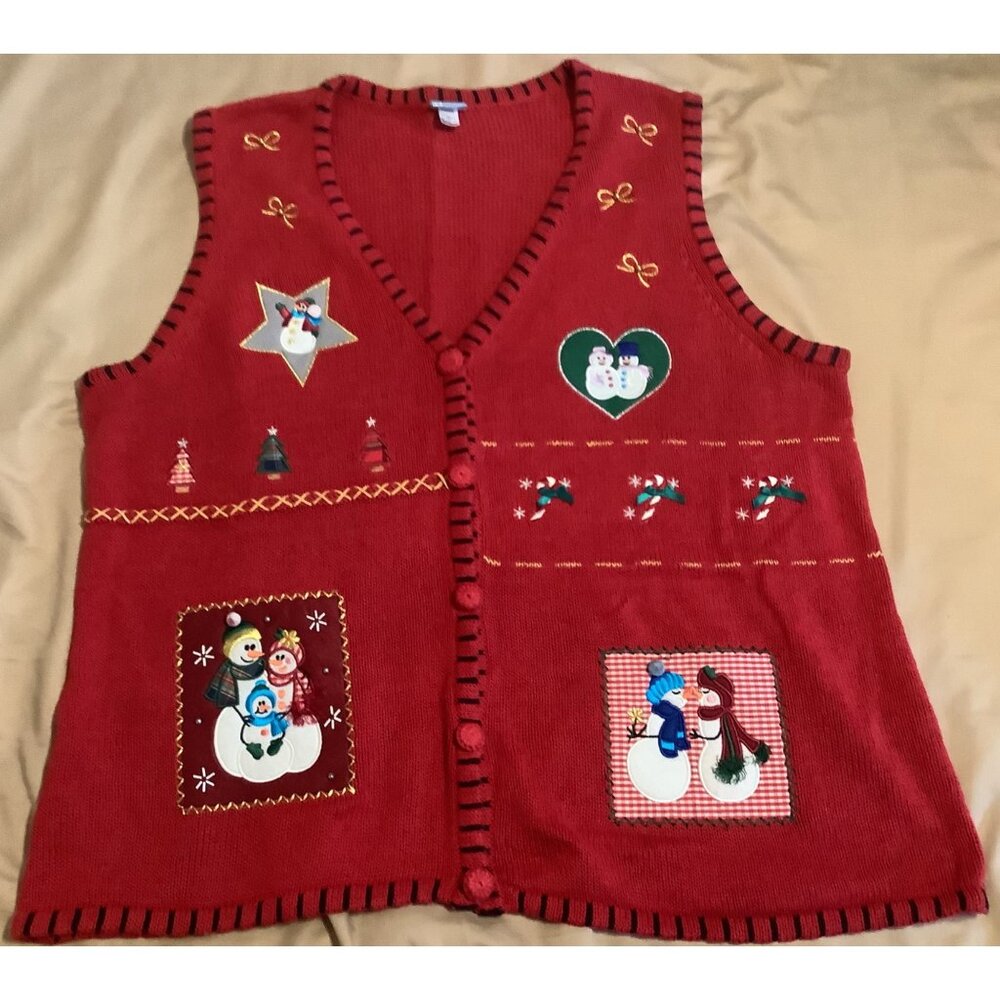 Holiday Editions Red Knit Christmas Vest 2X Snowman Tree Button Front